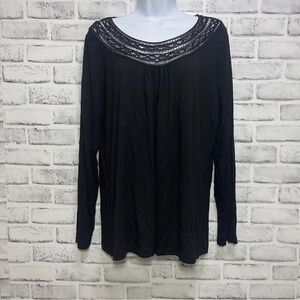 Dana Buchman Black Lattice Ribbon Neck Line Long Sleeve Stretch Blouse Large
